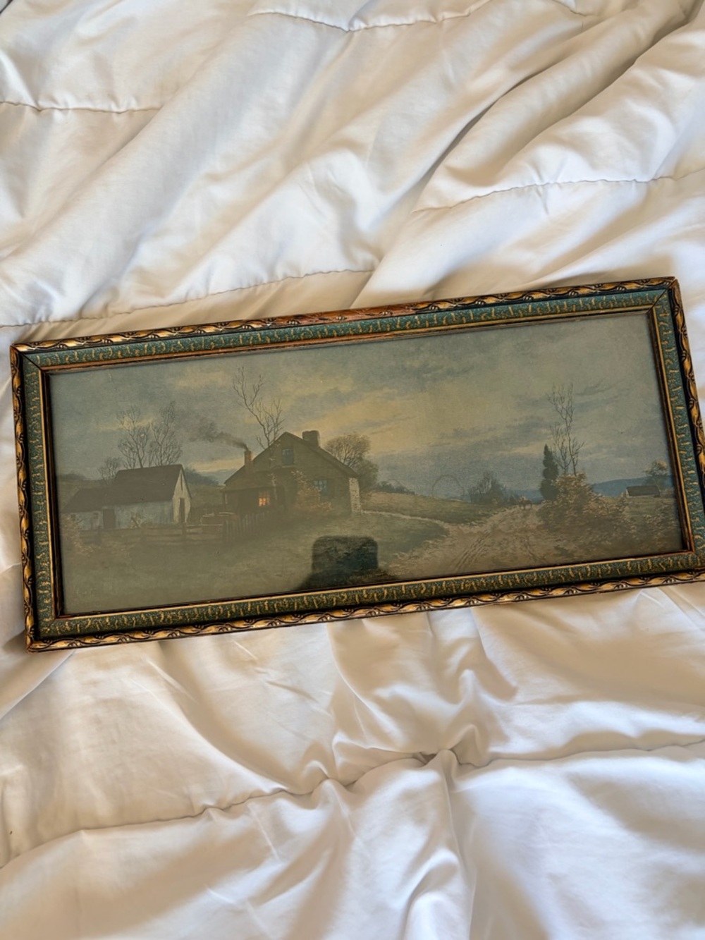 Vintage Framed Rural Landscape Art Print - Blue-Green Tones - Picture 2 of 3